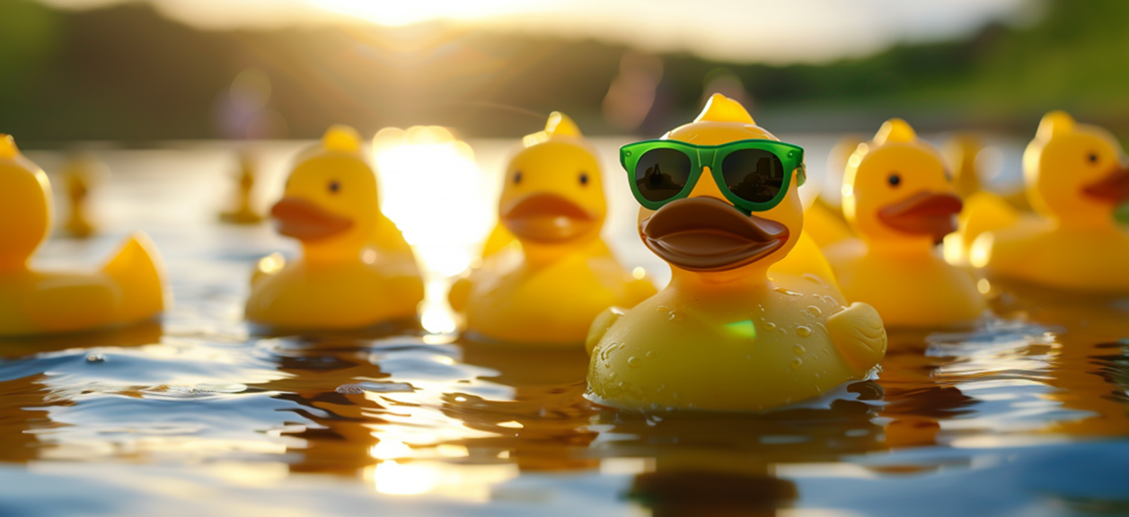Rubber Ducks with one standout floating in the front with Green Sunglasses